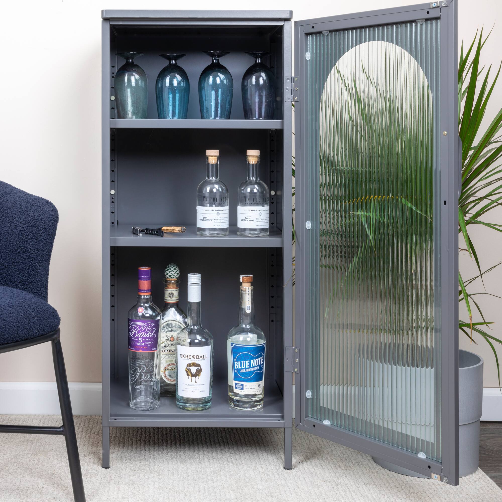 Hello Honey® 40" Solstice Narrow Metal Accent Cabinet with Adjustable Storage Shelves and Arched Glass Door